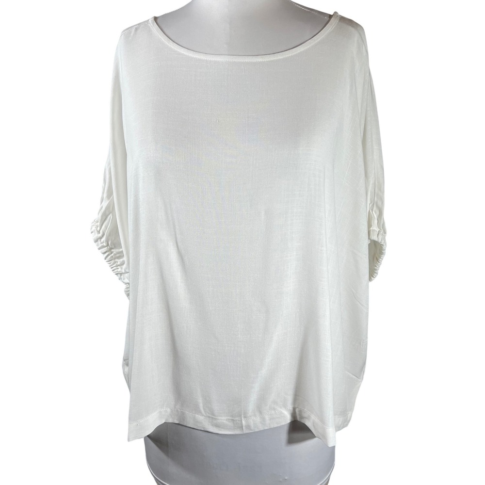 Zenana Dolman Sleeve Ruched Blouse White Rayon Boat Neck‎ Boxy Oversized Small